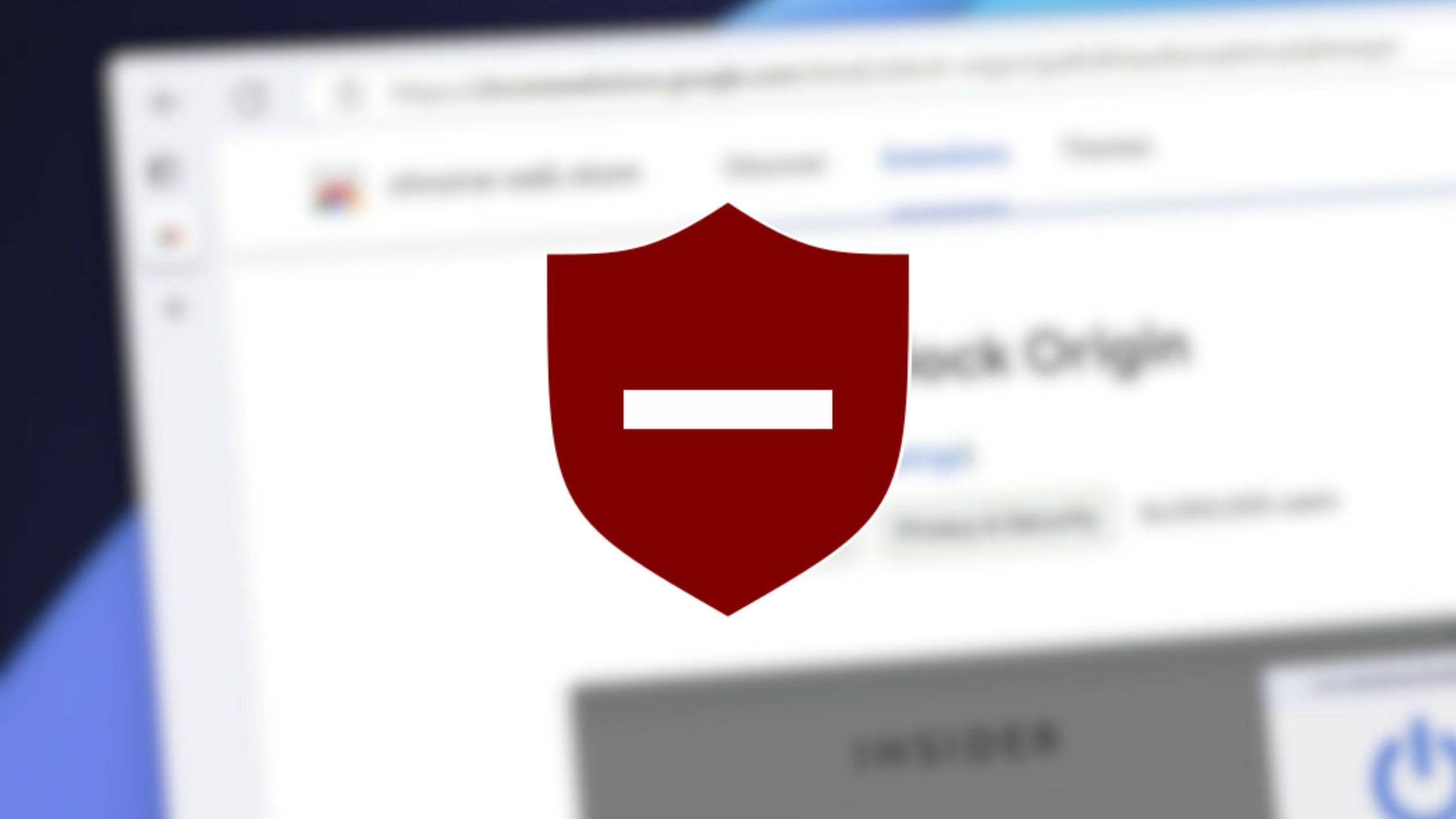 Red shield with a white horizontal line over a blurred web browser screen displaying a page about "uBlock Origin".