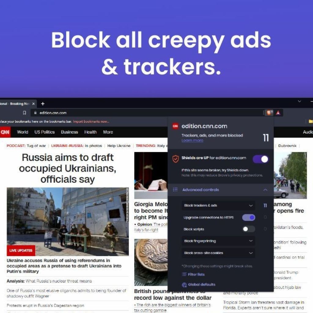 Browser window showing a news article on CNN about Ukraine, with an overlay highlighting ad and tracker blocking features and a message saying "Block all creepy ads & trackers."