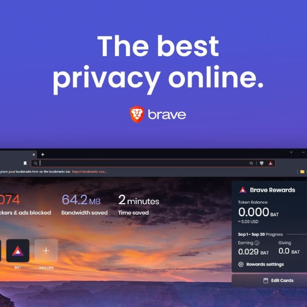 "Brave browser interface showcasing privacy features, with a purple background stating 'The best privacy online' and Brave logo."