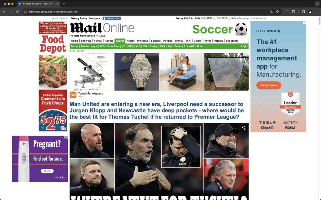 A webpage showing the MailOnline sports section with various images of football managers and text about potential Premier League roles for them.