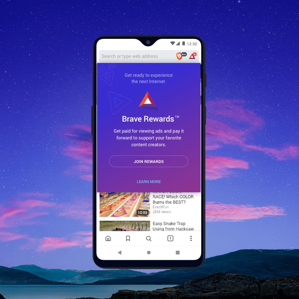 A smartphone displaying the Brave Rewards screen with an invitation to join and earn from viewing ads, against a twilight sky background.