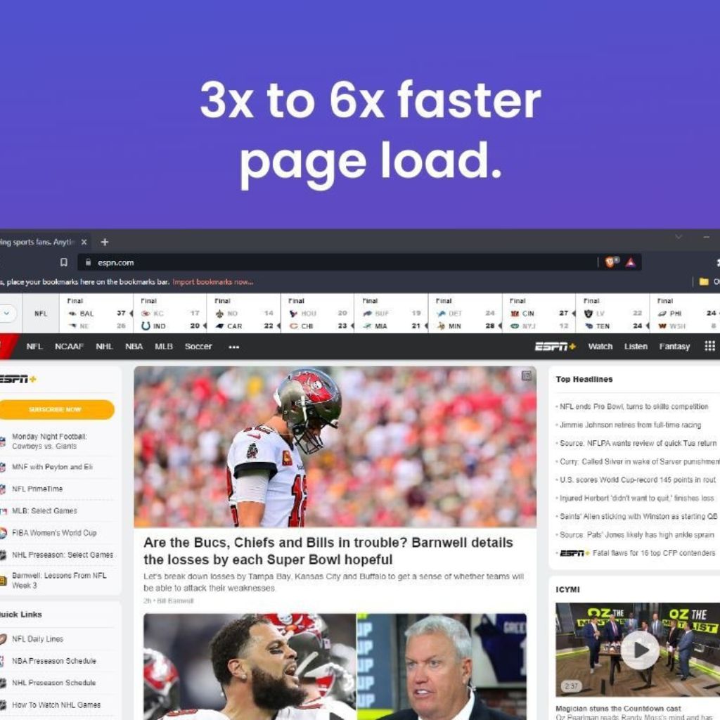 ESPN website on a browser with a purple banner above stating "3x to 6x faster page load."