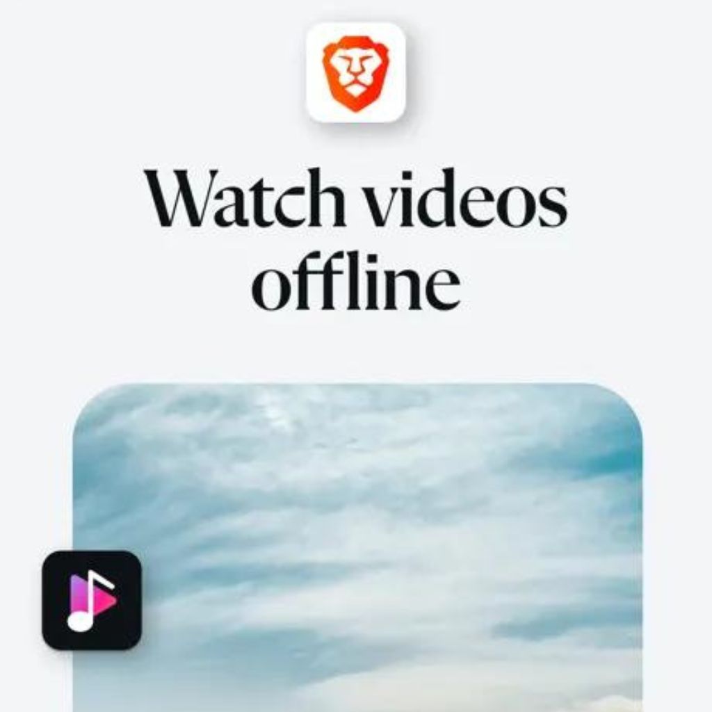 "Watch videos offline" text with a lion logo above and a play icon below against a cloudy sky background.