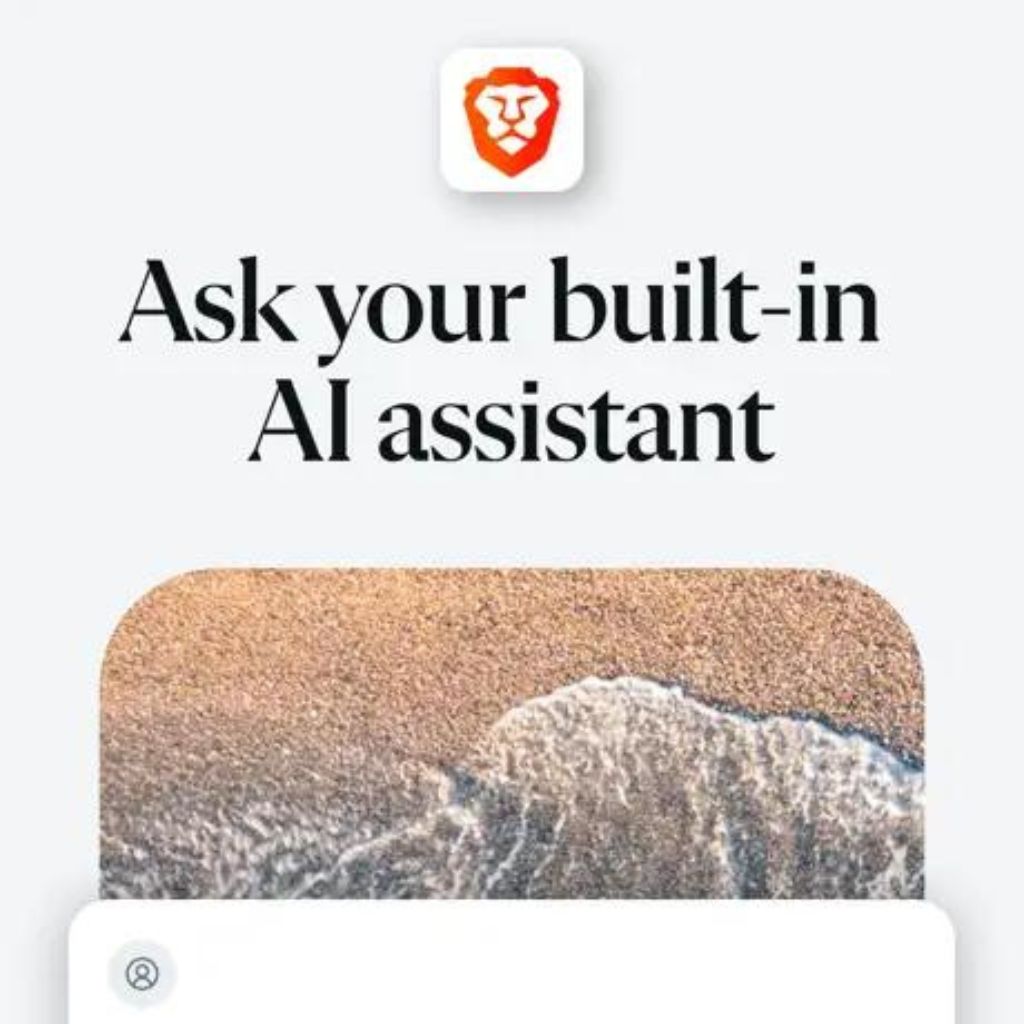 Icon with a lion logo above text saying "Ask your built-in AI assistant" with a partial image of a beach below.