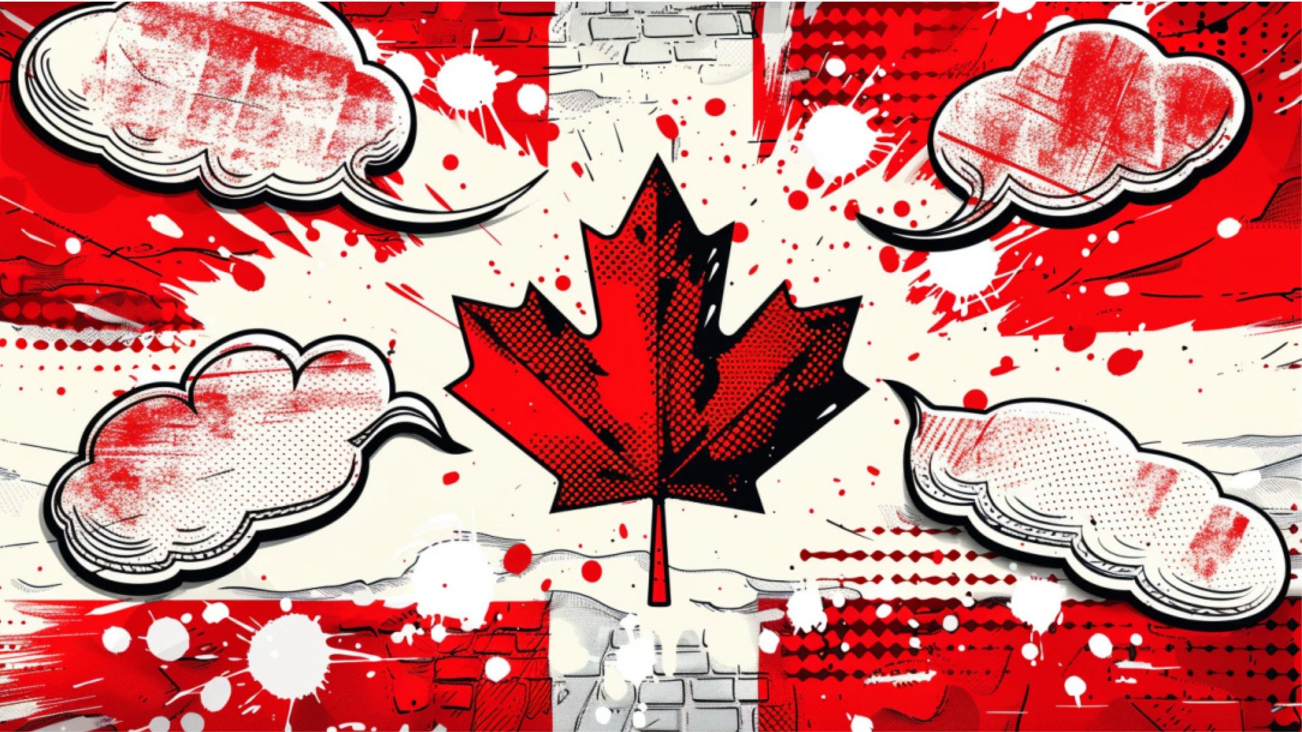 Pop art style illustration of a red maple leaf surrounded by speech bubbles and splashes of red and white.