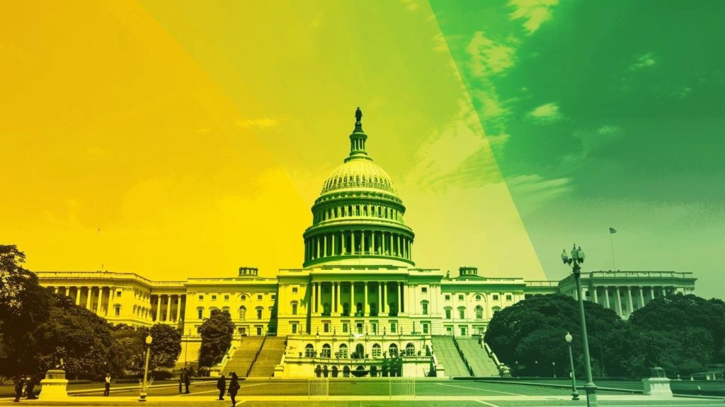 US Capitol building with a gradient overlay of yellow and green.