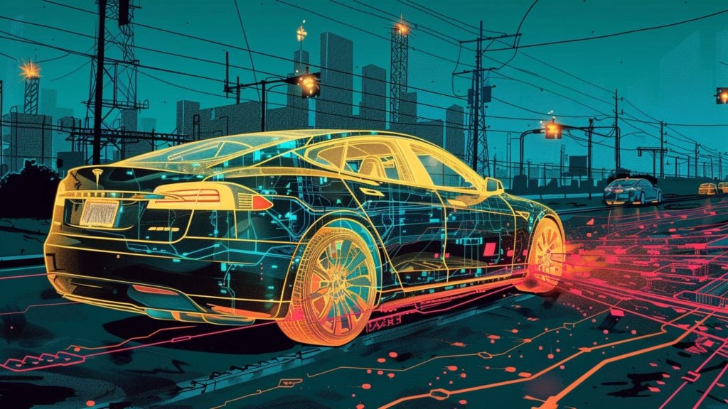 Futuristic illustration of a car integrated with digital networks on a city street with electric powerlines and skyscrapers.