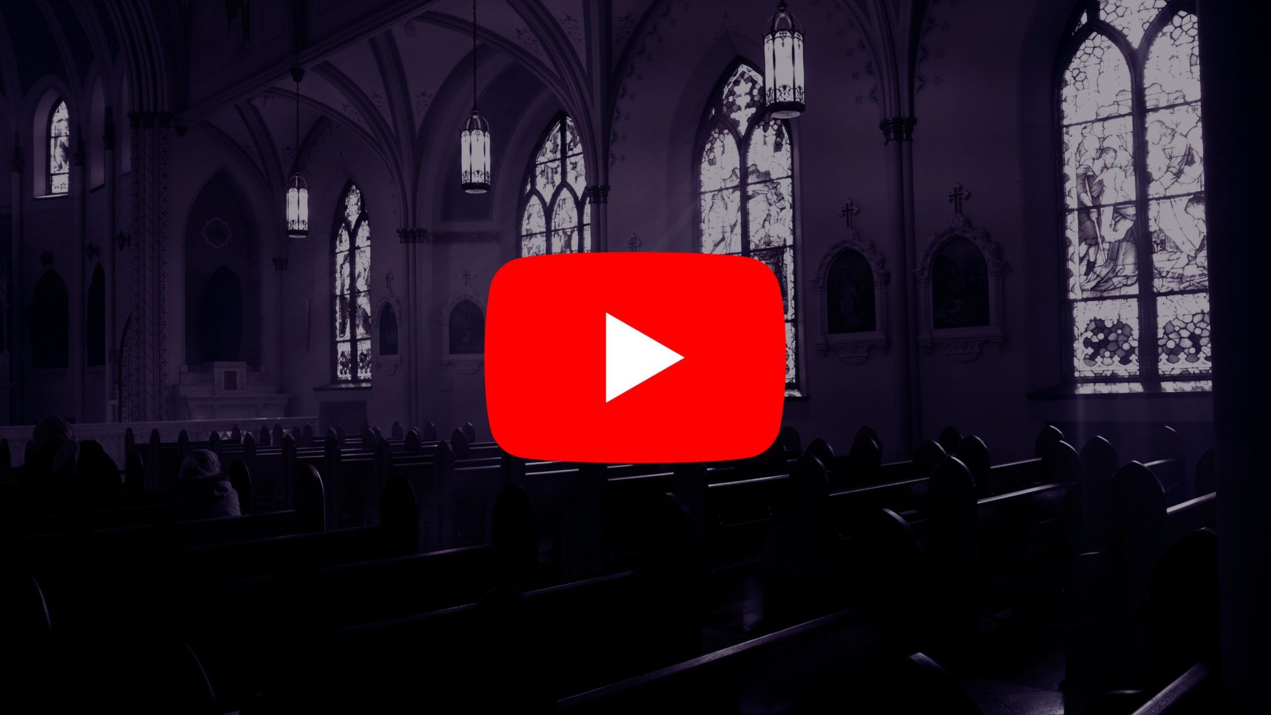 A dimly lit church interior with an overlay of the YouTube play button logo.