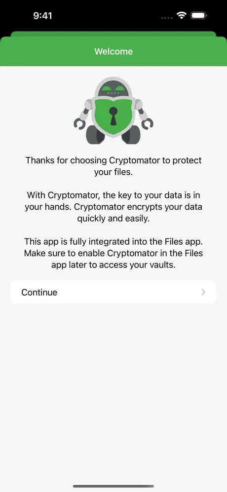 "Cryptomator" app welcome screen with a green lock icon, text about data protection and encryption, and a "Continue" button.