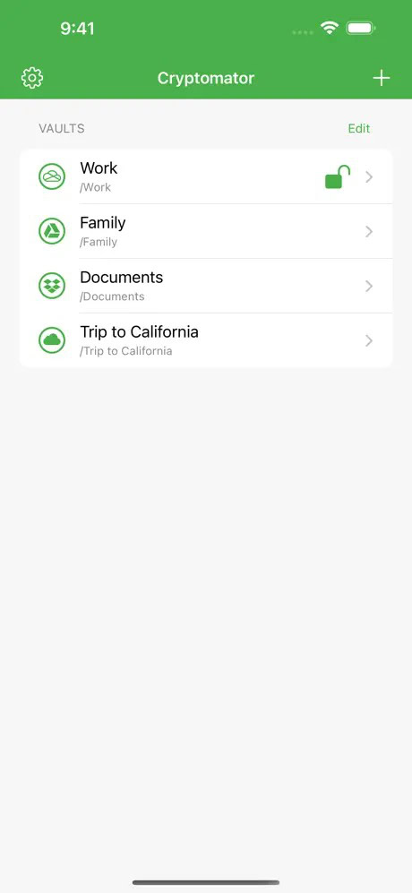 Screenshot of the Cryptomator app showing four vaults: Work (unlocked), Family, Documents, and Trip to California.