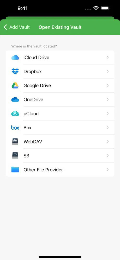 "Open Existing Vault" interface displaying options for iCloud Drive, Dropbox, Google Drive, OneDrive, pCloud, Box, WebDAV, S3, and Other File Provider.