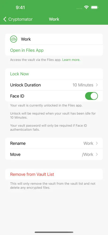 Cryptomator app screen showing vault settings with Face ID enabled, unlock duration set to 10 minutes, and options to rename, move, or remove from vault list.