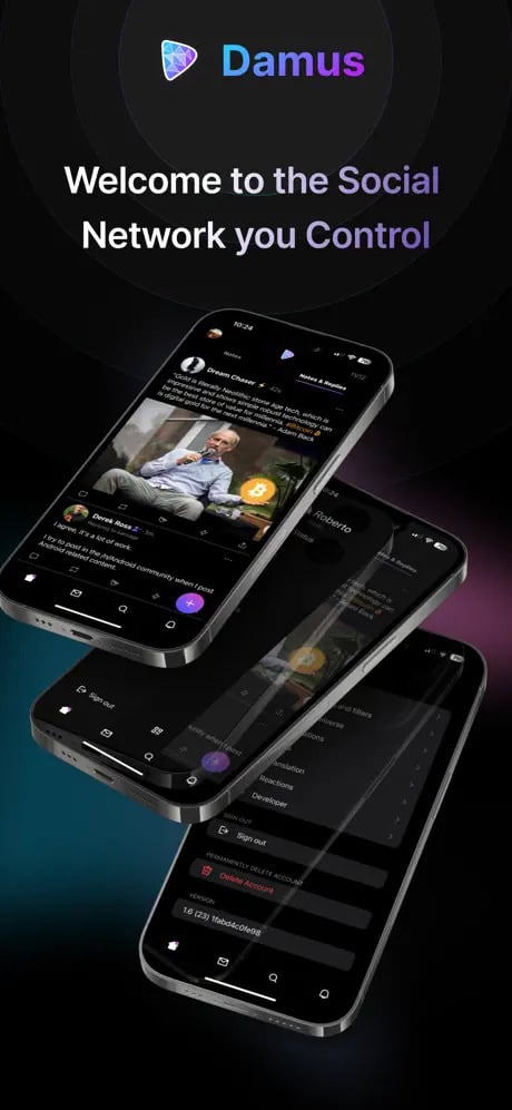 Three smartphones displaying the Damus social networking app interface with the text "Welcome to the Social Network you Control."