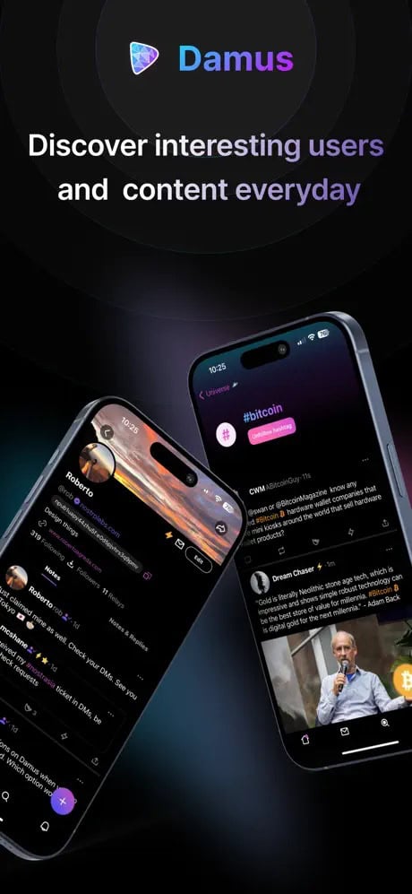 Two smartphones display a social media app called Damus, showcasing profiles and posts related to technology and cryptocurrency.