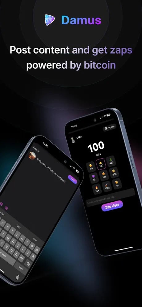 Two smartphones displaying the Damus app interface with bitcoin-powered features and messaging.