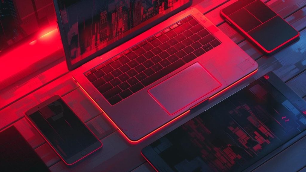 A laptop surrounded by electronic devices emitting a red glow.