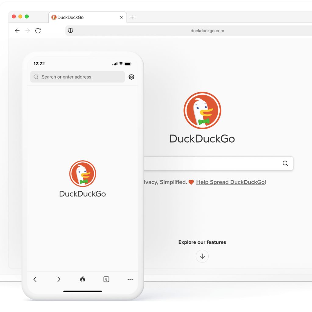 Browser and smartphone screens displaying the DuckDuckGo search engine homepage with its logo and search bar.