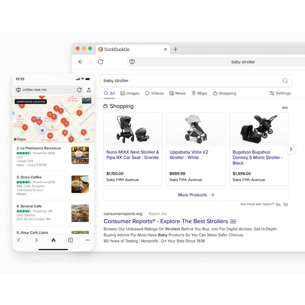Mobile phone display showing a map with cafes and a web browser with a DuckDuckGo search for "baby stroller" displaying shopping results.