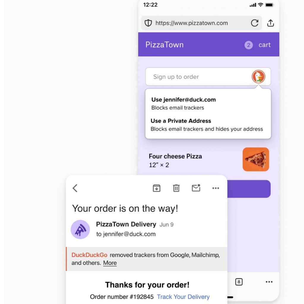 A screenshot showing an online order from PizzaTown with a notification that DuckDuckGo email protection removed trackers.