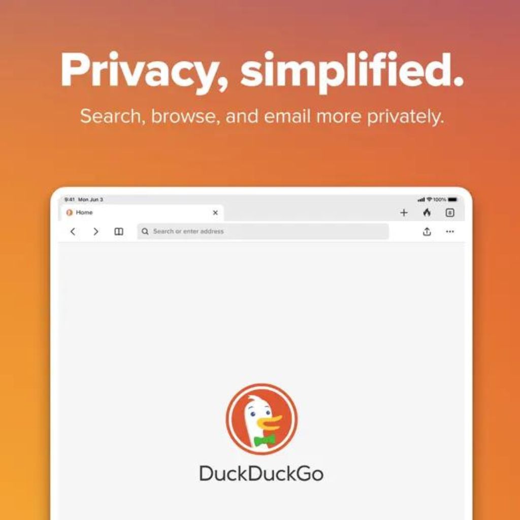 "Privacy, simplified" text with DuckDuckGo browser interface on an orange gradient background.