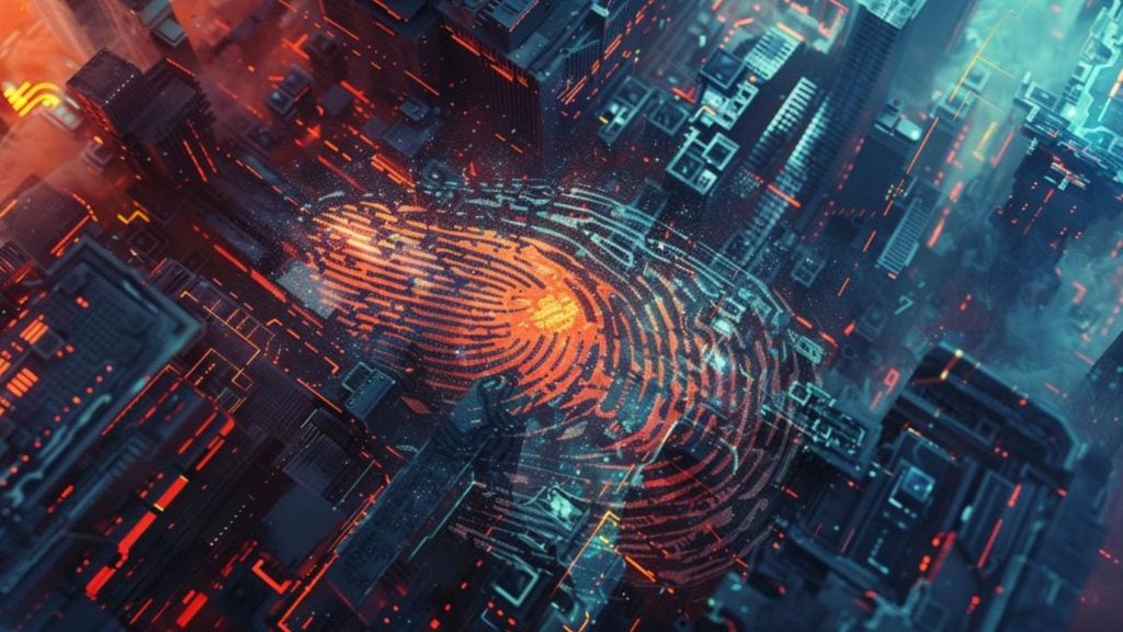 Aerial view of a futuristic cityscape featuring an illuminated, digital fingerprint overlay.