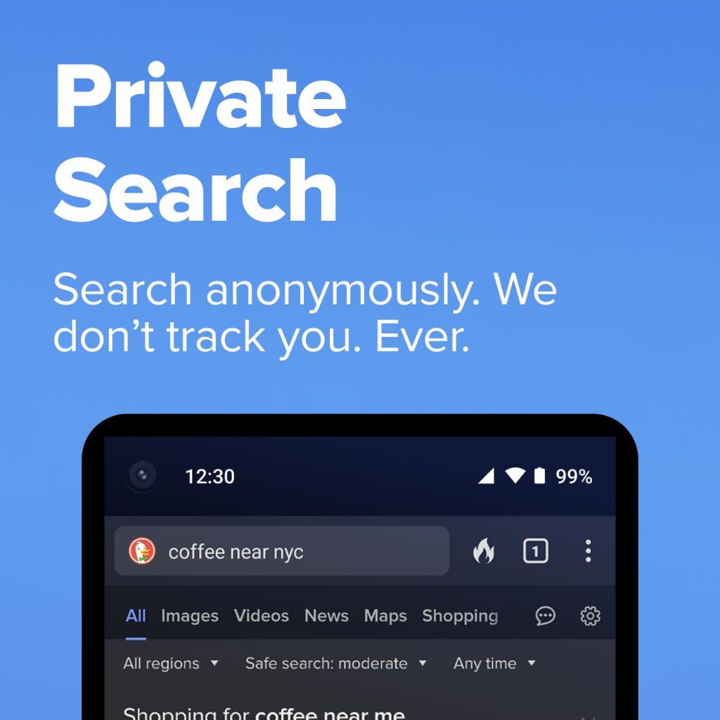 A digital advertisement with the text "Private Search: Search anonymously. We don't track you. Ever." and a search bar on a device screen showing the query "coffee near nyc."