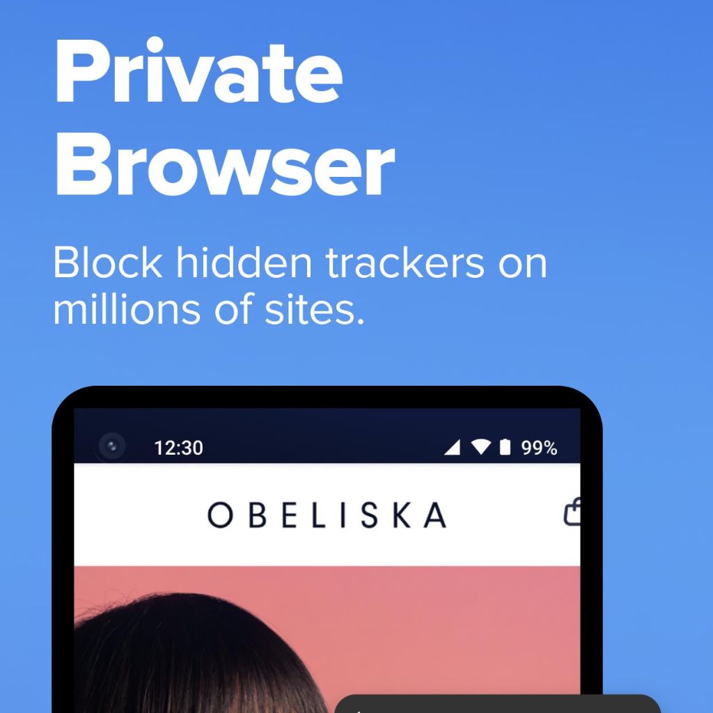 Private Browser advertisement with text stating "Block hidden trackers on millions of sites" and a partially visible mobile browser screen.