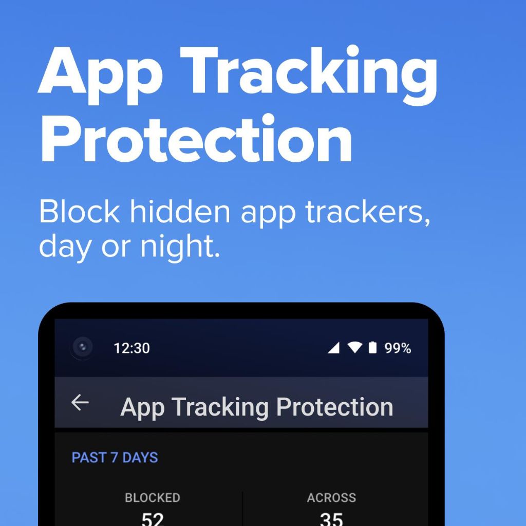 App Tracking Protection screen with statistics on blocked app trackers over the past 7 days.