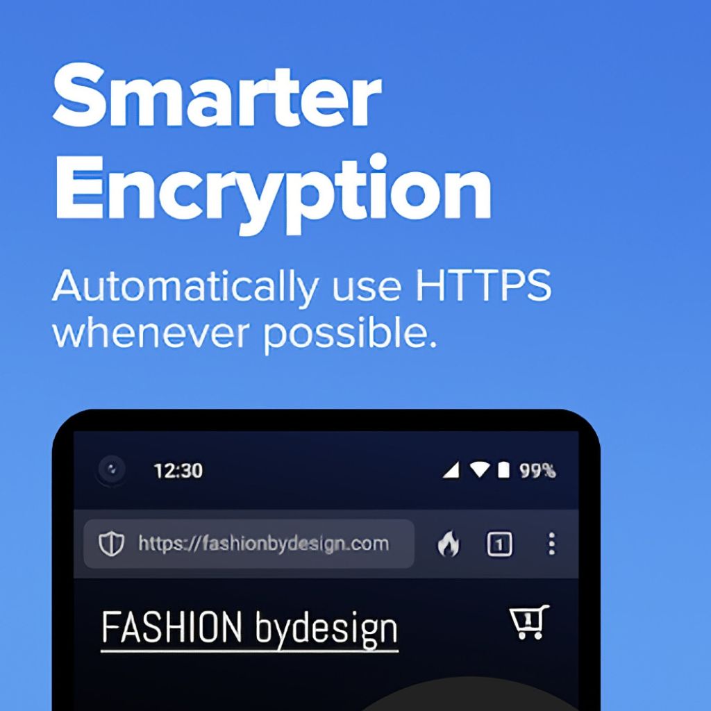 "Smarter Encryption" text above a mobile browser showing a secure HTTPS website, "fashionbydesign.com," on a blue background.