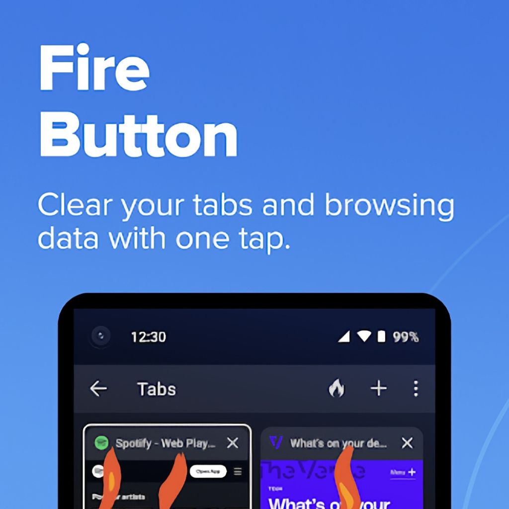 A digital tablet screen displaying open browser tabs with text saying, "Fire Button: Clear your tabs and browsing data with one tap."