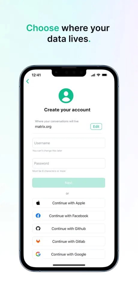 Create account screen with options to sign up via Apple, Facebook, GitHub, GitLab, and Google.