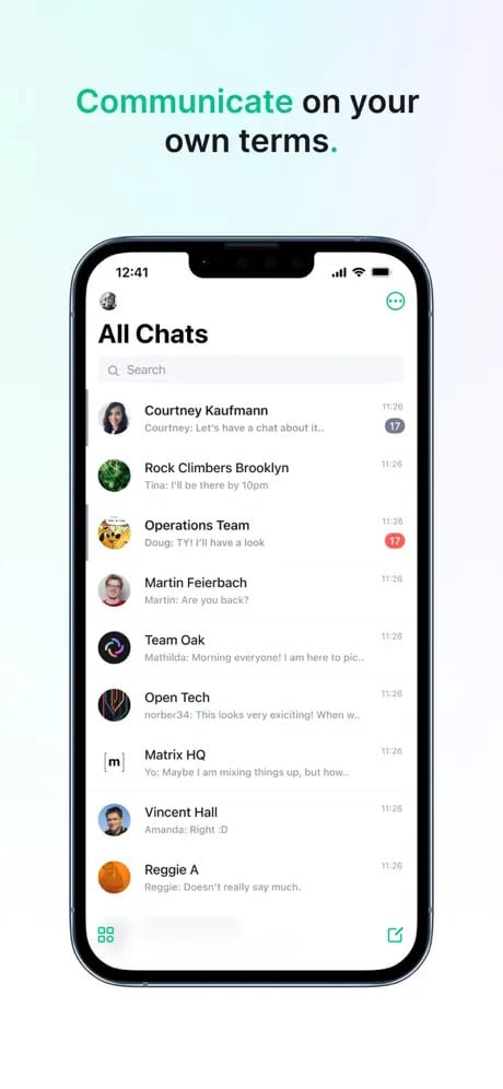 Smartphone screen displaying a chat list from a messaging app with various contacts and conversation previews.