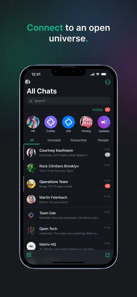 Smartphone screen displaying a chat app with a list of conversations and categories.