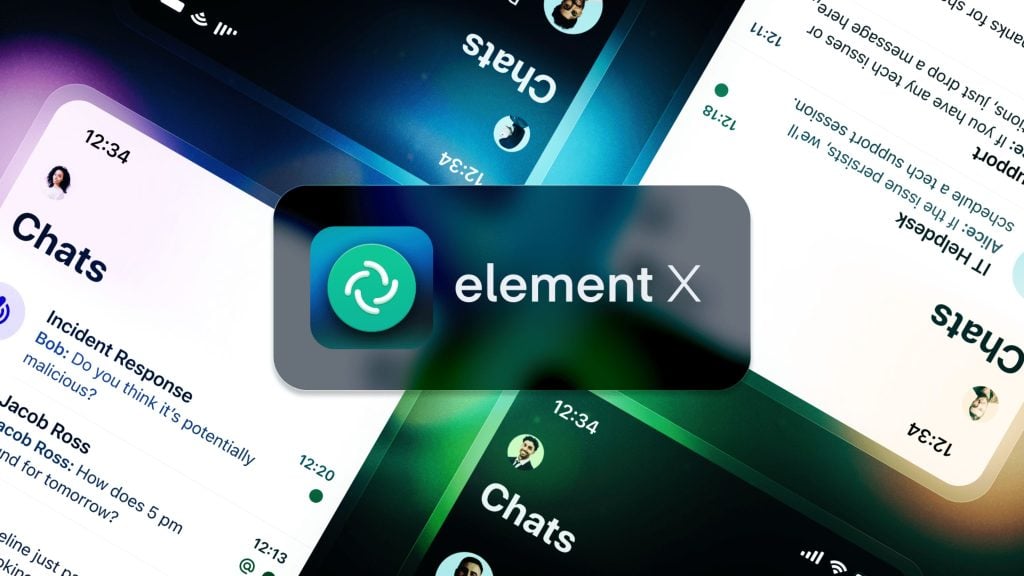 Logo of Element X overlaid on various chat interfaces displayed on smartphones.