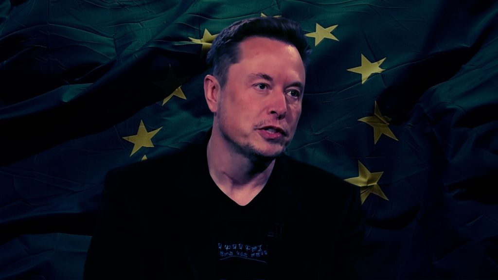 Elon Musk in front of a European Union flag backdrop.