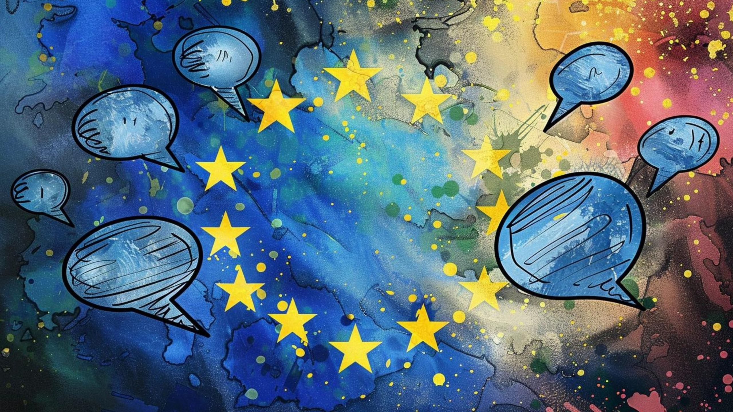 Graffiti-style art depicting the European Union flag with blue speech bubbles scattered around.