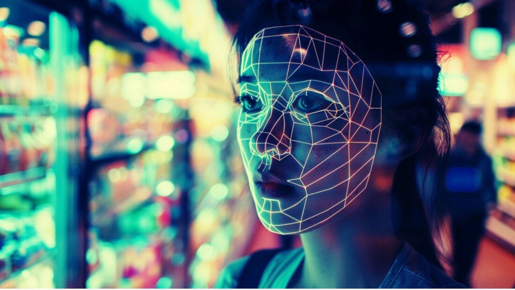 Woman with digital facial recognition overlay in a colorful, blurred environment.