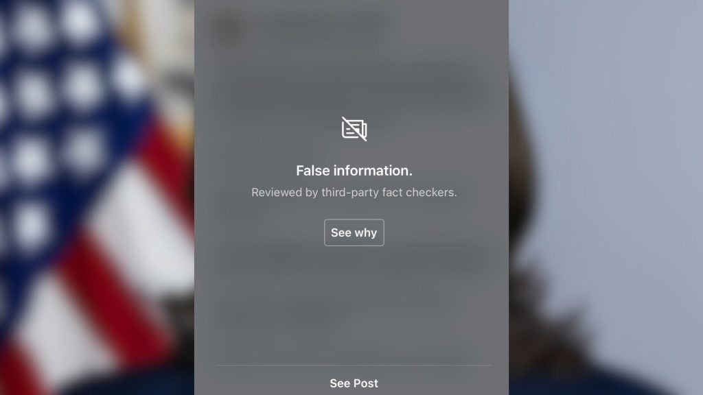 Notification showing "False information" reviewed by third-party fact checkers with options to "See why" and "See Post."