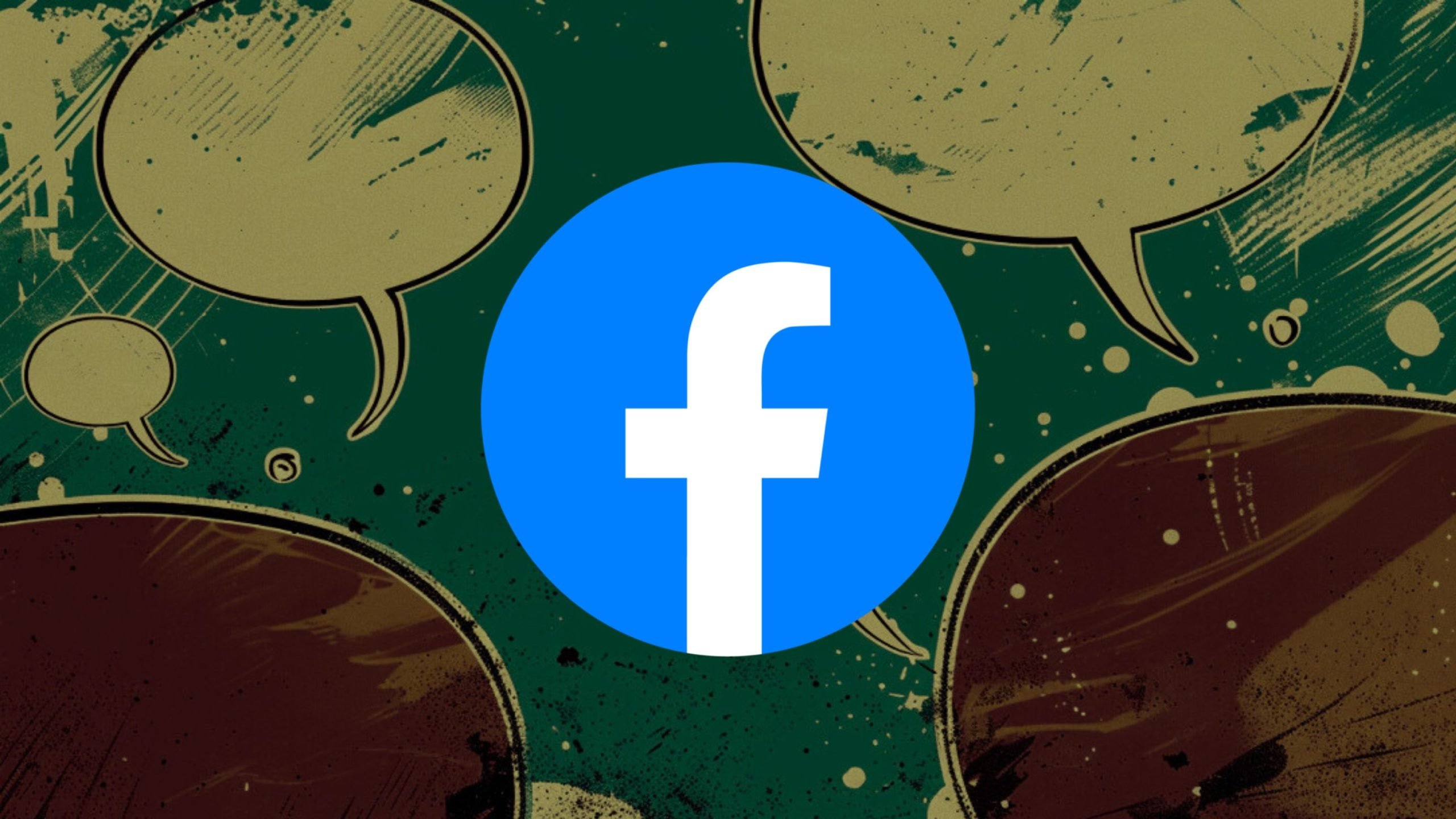 A blue Facebook logo centered on a green background with abstract speech bubbles and graphic textures.