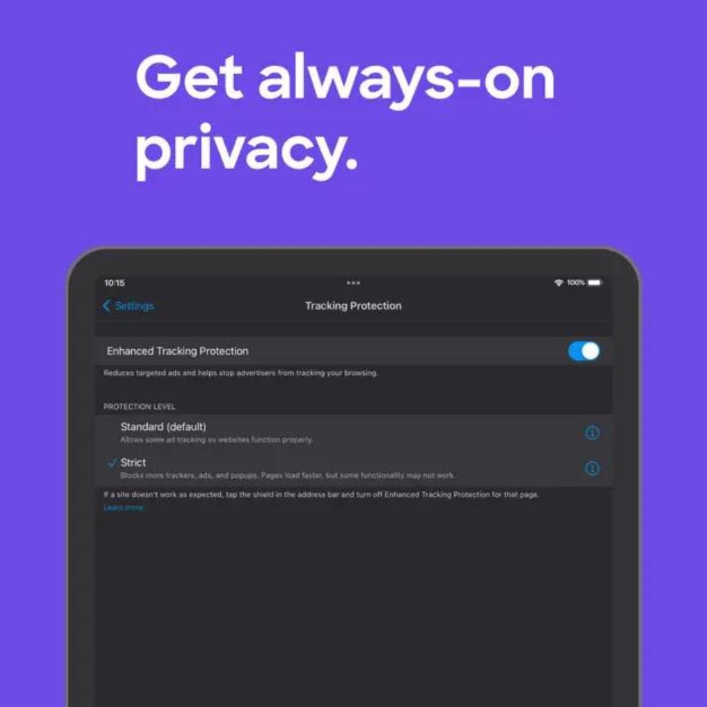 Tablet screen showing a privacy settings page with options for Enhanced Tracking Protection, set against a purple background with the text "Get always-on privacy."