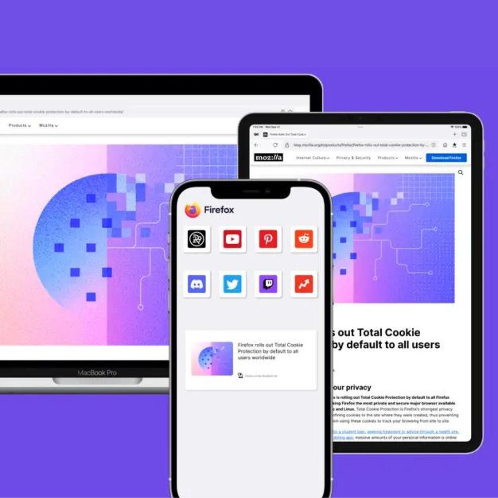 Firefox browser on smartphone, tablet, and laptop screens, showcasing social media app icons and a news article about Total Cookie Protection.