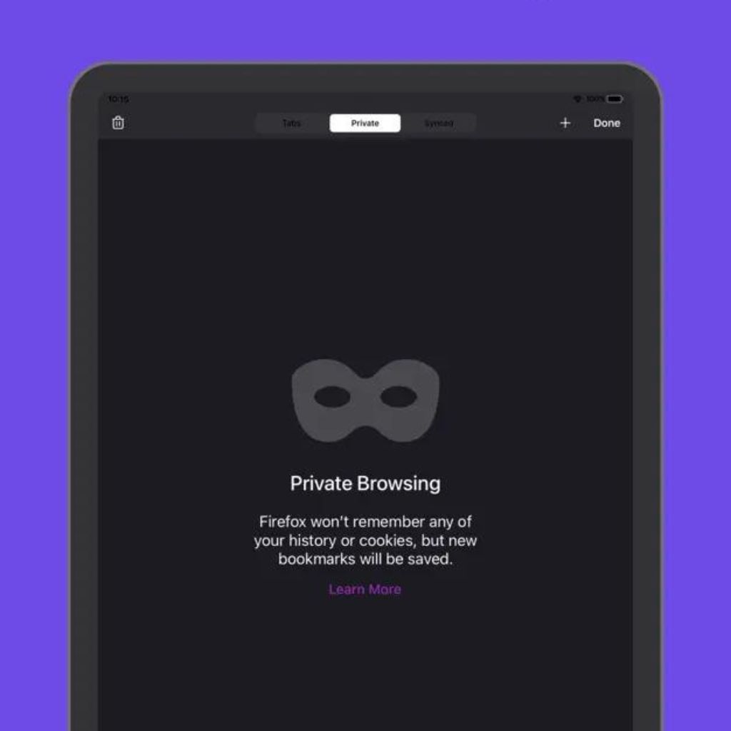 Tablet screen displaying Firefox Private Browsing mode with a dark interface and mask icon.