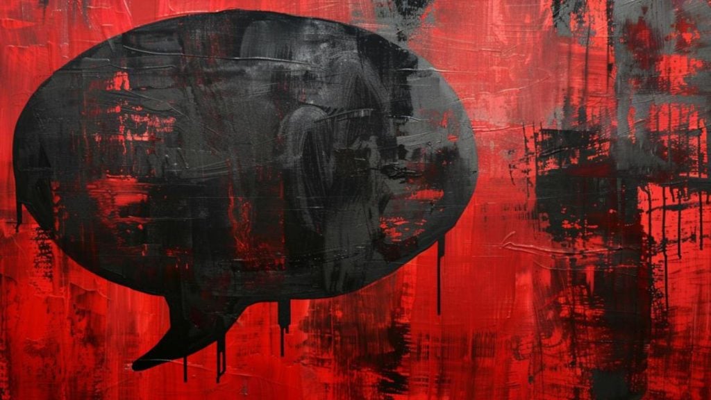 Abstract painting of a large black speech bubble on a textured red background with black drips and streaks.