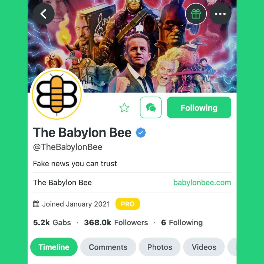 The Babylon Bee social media profile with a verified badge, slogan "Fake news you can trust," and statistics showing 5.2k posts, 368k followers.