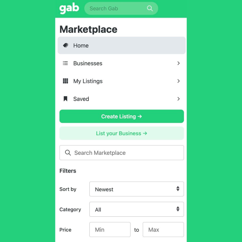 "Screenshot of the Gab Marketplace interface with options to create a listing, list a business, and search the marketplace. Includes filter options for sorting by newest, category, and price."