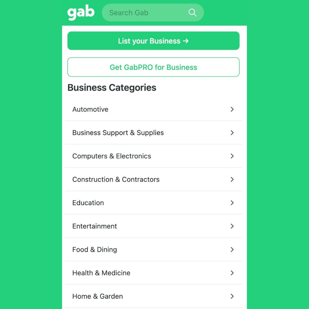 Screenshot of a website with a green header displaying "gab" and a search bar, offering options to list a business and get GabPRO. Below are business categories including Automotive, Business Support & Supplies, Computers & Electronics, and more.