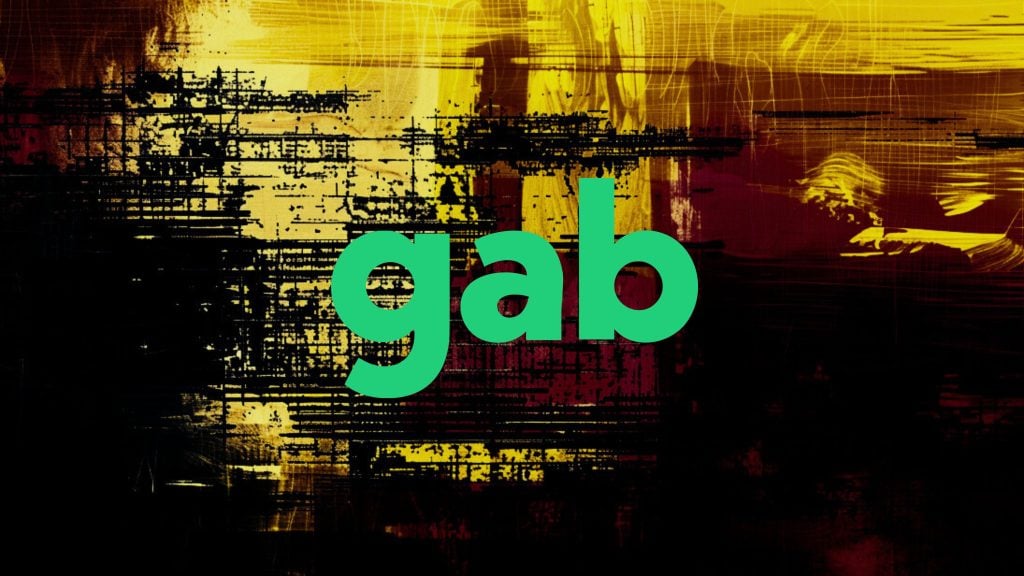 The word "gab" in green letters on a textured, abstract background with black, yellow, and maroon tones.