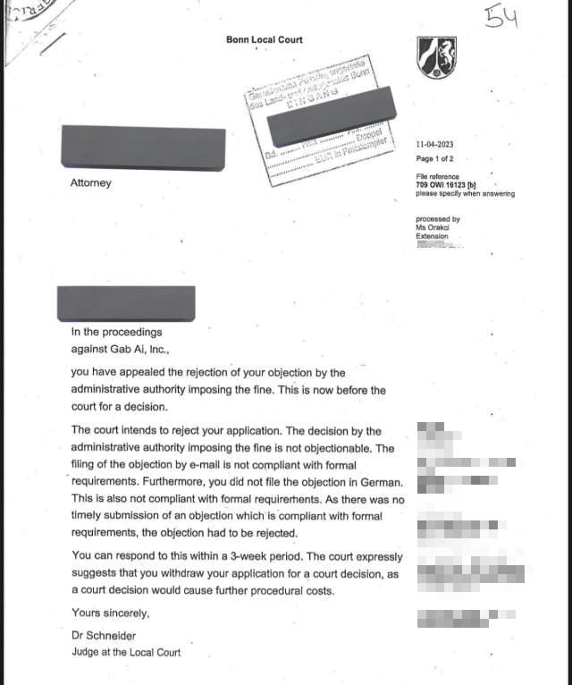 Court letter from Bonn Local Court regarding proceedings against Gab Ai, Inc., indicating a rejected objection due to non-compliance with formal requirements.