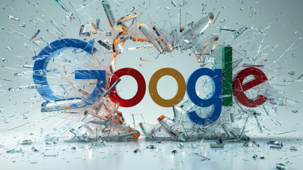 The word "Google" breaking through shattered glass.