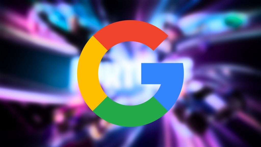 Google logo on a colorful, blurred background.